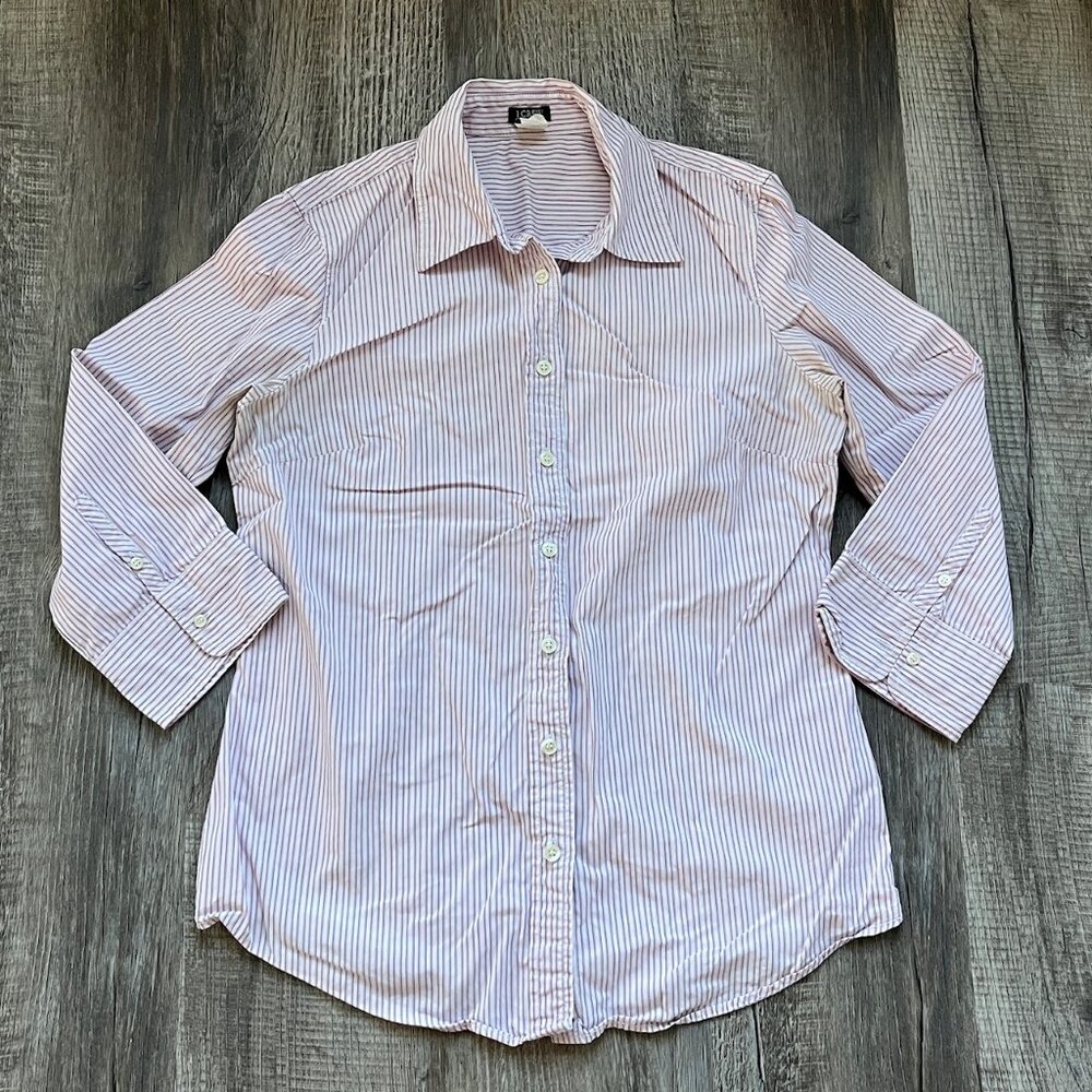 J Crew Button Down Shirt Womens Size M Medium White with Pink Stripes 3/4 Sleeve